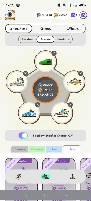 The image shows a phone screen displaying an app with a purple background, featuring a shoe shopping game. There are six different shoes displayed on the screen, each with varying colors and styles. The user interface includes buttons for selecting items, adding them to their cart, and checking out. A "Stepn" button is also present in the image.