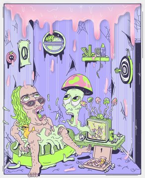 A zoomed-out version of the same cartoon illustration as Image 5, showing the full frame with the woman and alien character in their slime-covered room.