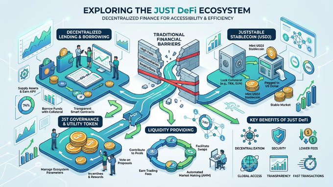 The image features a colorful flowchart-like diagram illustrating the process by which "Exploring the Possibilities of JUST Every time I learn more about JUST, I become increasingly interested in the possibilities it offers." The chart is divided into several distinct sections or pathways that show how "centralized finance for accessibility and efficiency" and "decentralization financial services for transparency & traceability" interact with each other. There are several icons representing various aspects of just-based technology such as a person wearing a backpack, an arrow pointing to the right, a clock, and even a Bitcoin symbol. The image also includes some numbers in the bottom left corner that might represent specific data points or statistics related to the topic of decentralization and just-based technology.