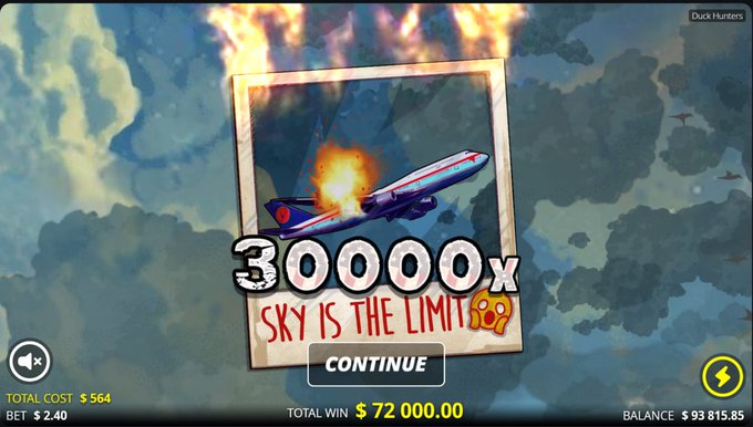 The image shows a slot game win screen titled "30000X SKY IS THE LIMIT" featuring an exploding airplane illustration, displaying a total win of $72,000.00 from a $2.40 bet, illustrating the "$CASHCAT" post's boast about hitting a max win in just one week.