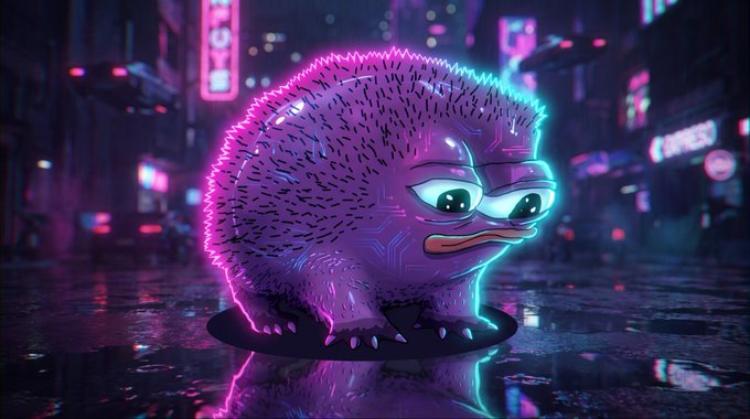 A glowing purple hedgehog-like creature with circuit board patterns sits on a wet, neon-lit cyberpunk street, evoking a futuristic "King of Monad" vibe in the style of Sonic. The neon-drenched cityscape and digital aesthetic reinforce the post's playful claim that "Gmolandak" has returned as the king of the blockchain realm.