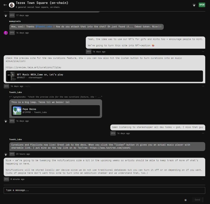 A screenshot of a chat interface titled 'Tezos Town Square (on-chain)' showing a general social square conversation with messages from users 'mumpi123' and 'Yoshi_Labs' discussing NFT features, embed tokens, and music curations, including links to playlists and music tracks like 'NFT Music #034_Come on' and 'Pepe Bezos'.