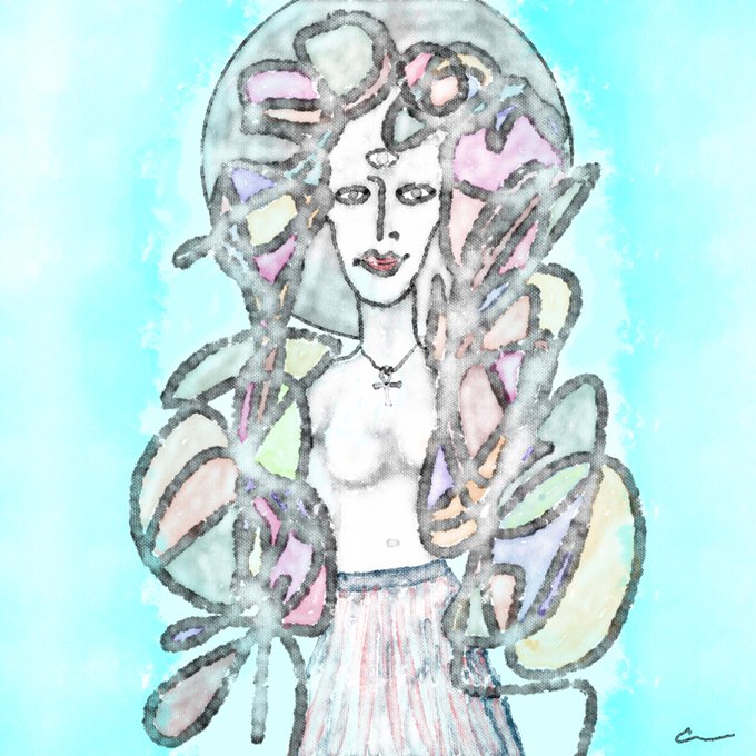 A loose, sketchy painting with watercolor accents depicts a pale figure surrounded by abstract, stained-glass-like shapes in pastel colors against a turquoise background.