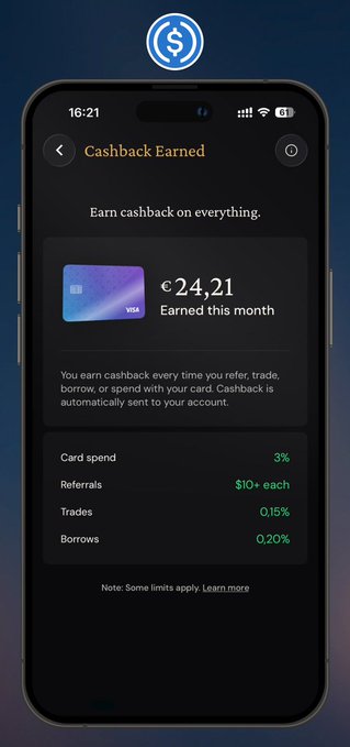 A smartphone displaying a 'Cashback Earned' screen from a financial app, showing €24,21 earned this month with a Visa card graphic and cashback rates (Card spend 3%, Referrals $10+, Trades 0,15%, Borrows 0,20%).