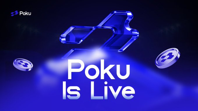A sleek blue promotional graphic features the text "Poku Is Live" alongside the Poku logo, with stylized 3D metallic "P" symbols and coin-like emblems floating against a glowing gradient background, announcing the launch of the Poku prediction-market platform on Robinhood Chain.