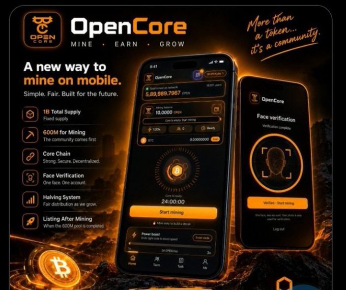 Promotional graphic for 'OpenCore' mobile mining app featuring the tagline 'More than a token... it's a community,' detailing features like 1B Total Supply, 600M for Mining, and Core Chain.