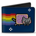 A dark blue wallet features a pixelated Nyan Cat with a rainbow trail.