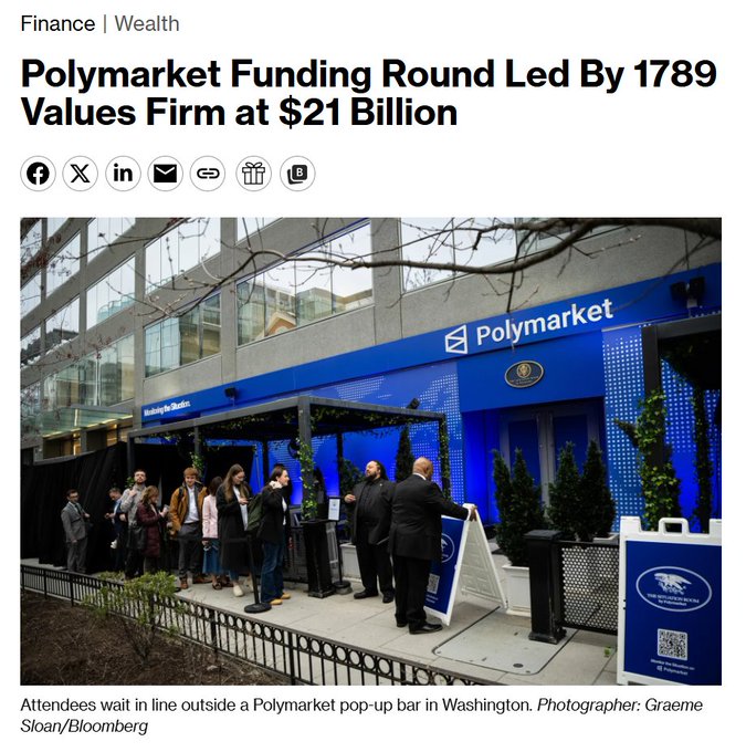 A Bloomberg article headline reads 'Polymarket Funding Round Led By 1789 Values Firm at $21 Billion', showing attendees lined up outside a Polymarket pop-up bar in Washington.