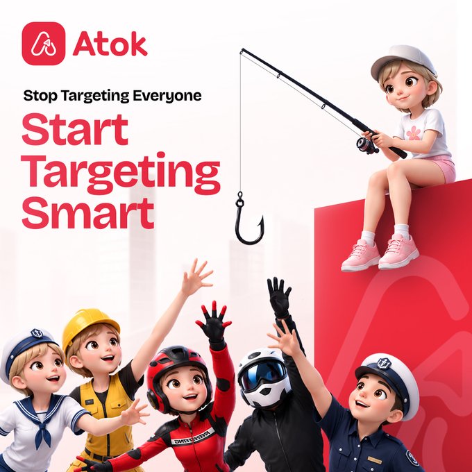 The image is an advertisement for Atok featuring the tagline "Stop Targeting Everyone, Start Targeting Smart." It depicts an animated girl on a red block fishing with a rod, hooking onto a diverse group of eager children wearing different outfits (sailor, construction worker, motorcyclist, and police officer), symbolizing how the platform's "smart" targeting selects specific, relevant audiences rather than casting a wide net.