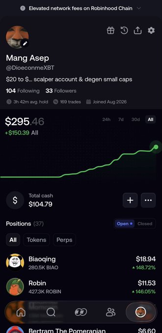 Robinhood-style crypto portfolio showing user 'Mang Asep' with $295.46 (+$150.39), positions including Biaoqing +148.72% and Robin +146.05%.