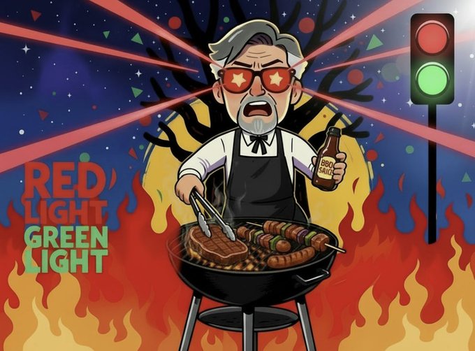 Cartoon illustration of a frantic BBQ chef with star-shaped sunglasses grilling meat while holding BBQ sauce, surrounded by flames, with text 'RED LIGHT GREEN LIGHT' and a green traffic light on the right.