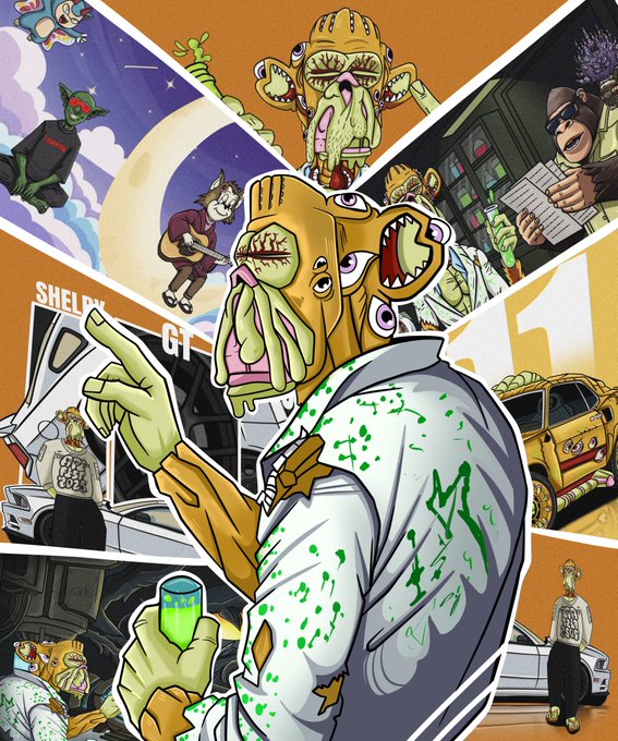 A vibrant comic-style illustration depicts a multi-eyed, grotesque yellow character in a paint-stained white shirt, surrounded by various panels showing smaller scenes with other characters.
