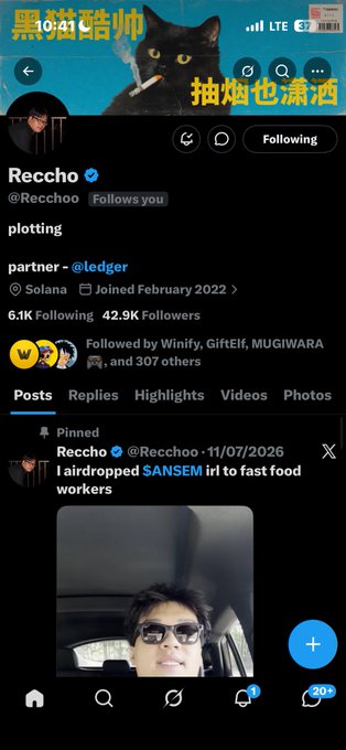 A Twitter/X profile for verified user 'Recchoo' (@Recchoo), featuring a black cat in the header, bio reading 'plotting', 'partner - @ledger', on Solana, joined February 2022, with 42.9K followers and a pinned post about airdropping $ANSEM.