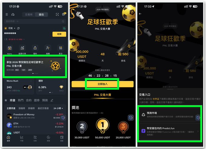 The image shows three different views of a smartphone screen displaying information about a soccer game called "Predict the Summer Soccer Carnival to Kick Off This Year Binance Wallet partners with Predict to host World Cup prediction trading, offering 300K $u rewards plus @predictdotfun points—plenty to go around, join in quick!". The first view shows the main page of the app, while the second and third views provide additional information about the game.