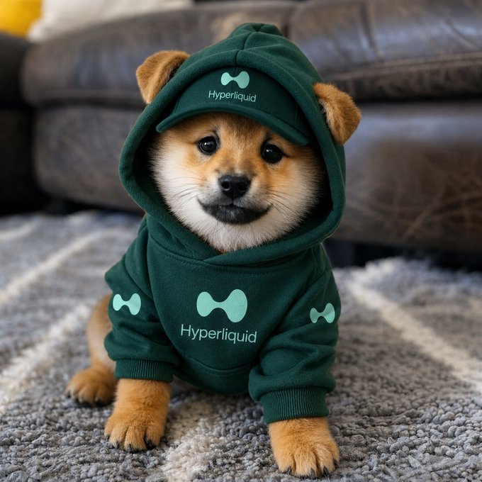 A Shiba Inu puppy wearing a dark green hoodie and matching cap with the 'Hyperliquid' logo, sitting on a gray rug in front of a leather couch.