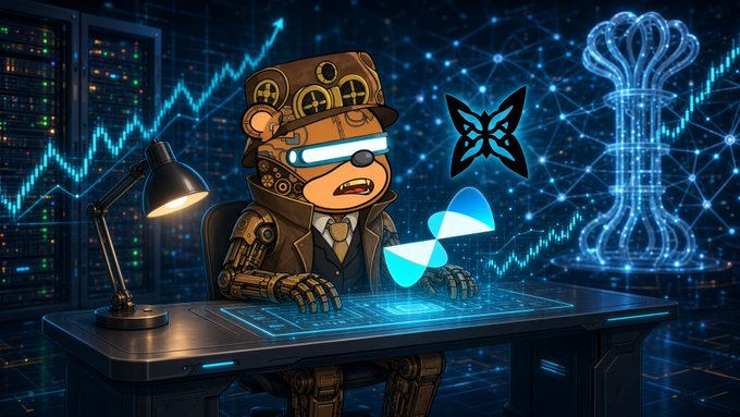 A steampunk-style bear mascot wearing VR goggles and a cap sits at a desk with a laptop, surrounded by server racks, glowing blue network graphs, and floating tech logos including Metamask.