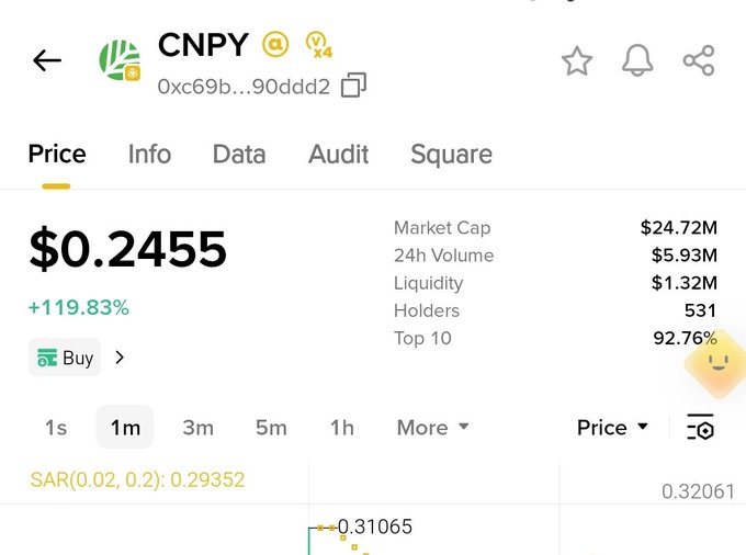 Screenshot of the CNPY (Canopy) token listing on what appears to be a DEX tracking platform, showing a current price of $0.2455 (down from the $0.31065 high) with a market cap of $24.72M and 531 holders, reflecting the post's note that the token has dropped from its $0.30 listing price to around $0.24.