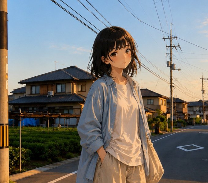 Anime-style illustration of a young girl with dark hair in a blue shirt standing on a street in a Japanese neighborhood with traditional houses and power lines at sunset.