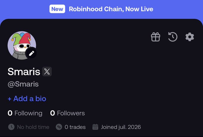 A screenshot of a new Robinhood Chain account profile for user "@Smaris" showing 0 following, 0 followers, and 0 trades, with a banner promoting the platform as the "best trading platform." The image supports the post's claim by showing a fresh FOMO account being set up to encourage followers to join the platform.