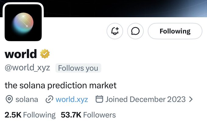 A Twitter/X profile page for "world" (@world_xyz), described as "the solana prediction market", with 2.5K Following and 53.7K Followers, joined December 2023.