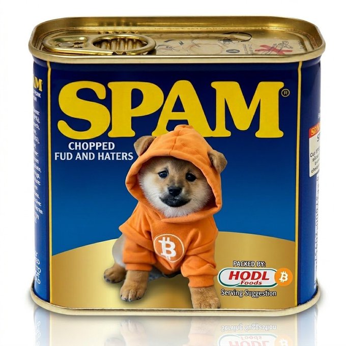 A parody product image of a SPAM can labeled 'Chopped FUD and Haters' featuring a Shiba Inu dog wearing a Bitcoin hoodie, branded as 'HODL Foods.'