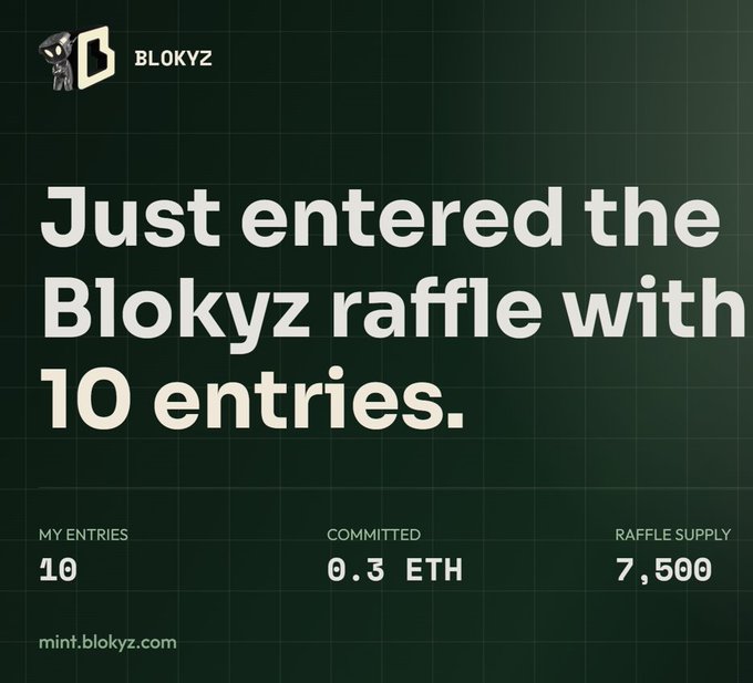 A similar promotional graphic for the 'Blokyz' raffle showing a participation confirmation for 10 entries at 0.3 ETH committed, with a remaining raffle supply of 7,500.