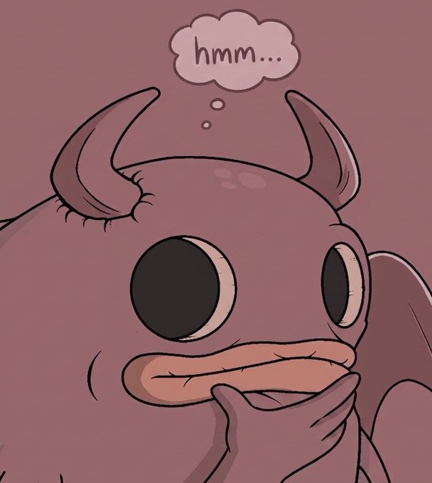 A cartoon purple monster with small horns, large eyes, and a wide mouth, with a hand on its chin and a thought bubble reading 'hmm...'.