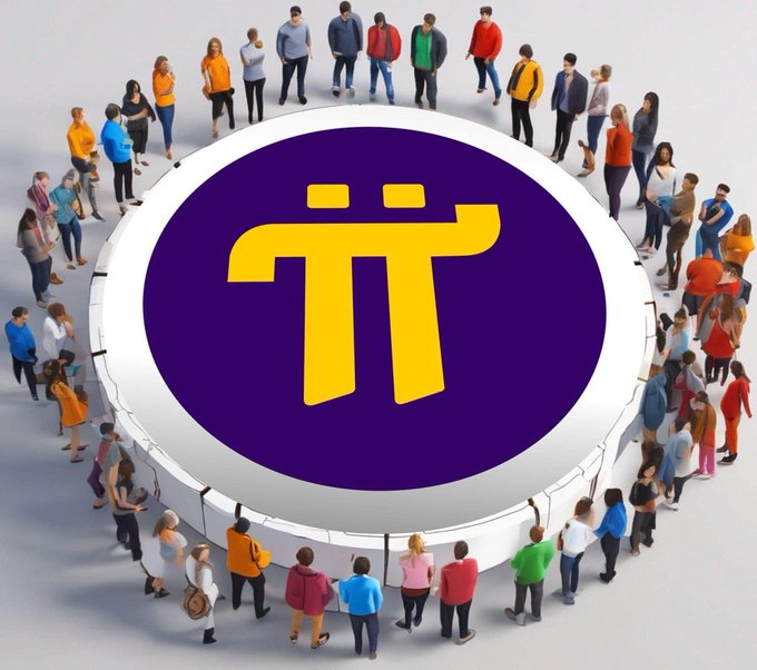 An illustration of the Pi cryptocurrency logo in the center, surrounded by a diverse circle of miniature 3D people figures standing on a white surface.