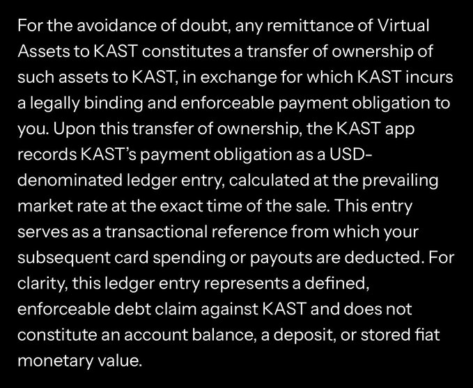 A screenshot of a legal clarification stating that remitting Virtual Assets to KAST creates a binding payment obligation recorded as a USD-denominated debt claim—not a stored balance or deposit—providing context to the accompanying thread addressing customer questions about KAST's financial structure.