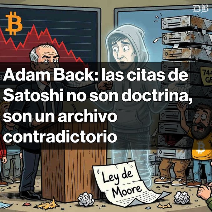 A satirical illustration about Bitcoin featuring Adam Back at a podium with a chart showing a Bitcoin price crash, a hooded figure, and text reading 'Adam Back: las citas de Satoshi no son doctrina, son un archivo contradictorio' alongside 'Ley de Moore'.