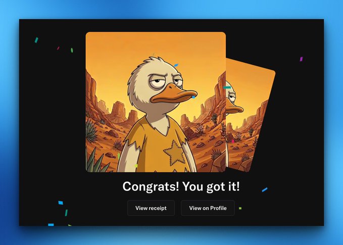A celebratory NFT minting confirmation screen displays a cartoon duck character in a desert landscape, with the text "Congrats! You got it!" and buttons for "View receipt" and "View on Profile," celebrating a successful whitelist mint for the SpaceRidersXYZ NFT collection.
