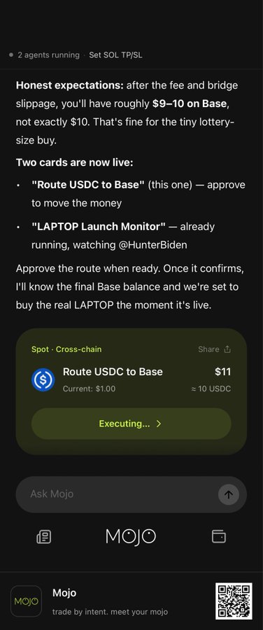 A mobile app screenshot from 'Mojo' showing an executing transaction titled 'Route USDC to Base' for $11, with text discussing honest expectations of receiving $9-10 on Base after fees.