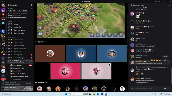 Discord application window showing a 'Medieval Empires Game Night' stage event in the 'immutable' server, featuring a shared screen of the game, 5 speakers in a video grid, and an active chat with 544 participants.