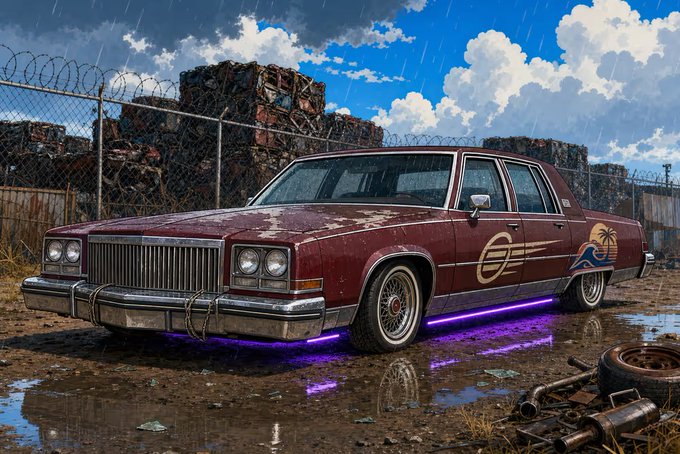 A weathered maroon luxury sedan with purple underglow lighting parked in a rainy junkyard surrounded by stacks of crushed cars and barbed wire fencing.