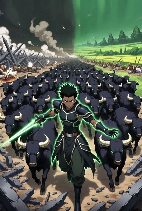 An anime illustration shows a warrior with glowing green energy wielding a sword, leading a massive herd of dark bull-like creatures charging across a battlefield with green skies and explosions in the background.