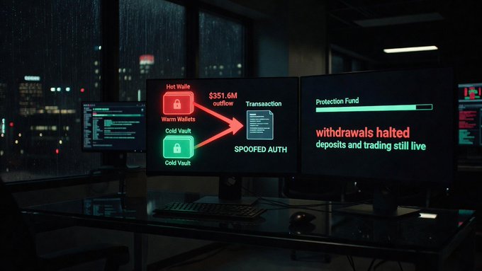 A dark office workspace displays dual monitors showing a cybersecurity incident diagram with "Hot Wallets" and "Cold Vault" icons funneling into a "Transaction" labeled "$351.6M outflow" and "SPOOFED AUTH," alongside a "Protection Fund" status indicating "withdrawals halted, deposits and trading still live," visually illustrating the post's claim about Bitget's compromised authorization system rather than stolen keys.