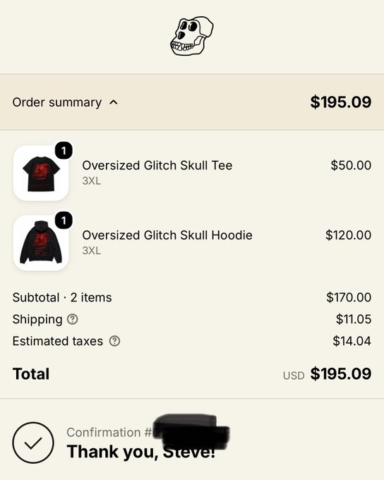 An order summary totaling $195.09 for two items including an 'Oversized Glitch Skull Tee' and 'Oversized Glitch Skull Hoodie' (both size 3XL), with a confirmation message 'Thank you, Steve!'.