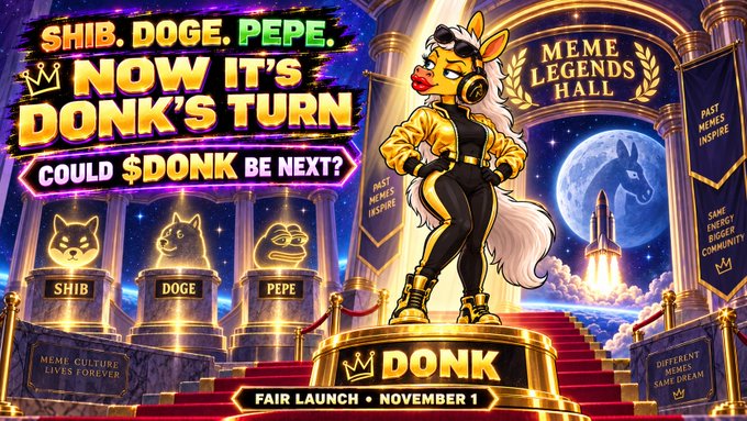 A promotional graphic for a meme cryptocurrency called $DONK, featuring an anthropomorphic horse character on a 'Meme Legends Hall' stage alongside SHIB, DOGE, and PEPE, advertising a 'Fair Launch - November 1'.