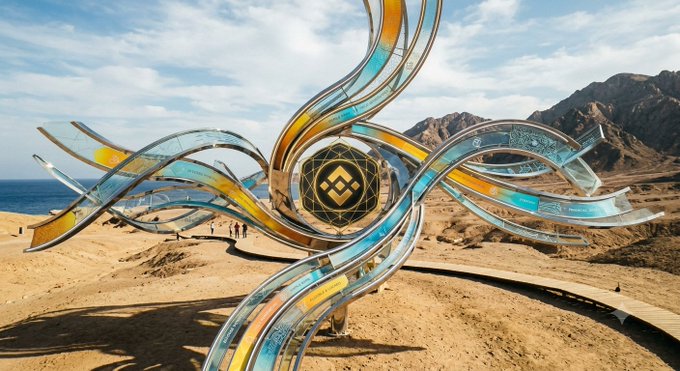 A large, swirling metallic sculpture with yellow, blue, and white panels stands in a desert landscape, featuring a central logo that resembles the Binance symbol.