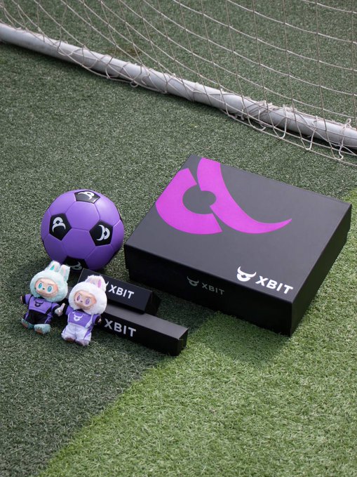 Two plush mascots wearing "XBIT" vests sit beside a purple XBIT-branded box and soccer ball on a grass field with a goal net in the background, promoting an XBIT giveaway tied to the World Cup semifinals.