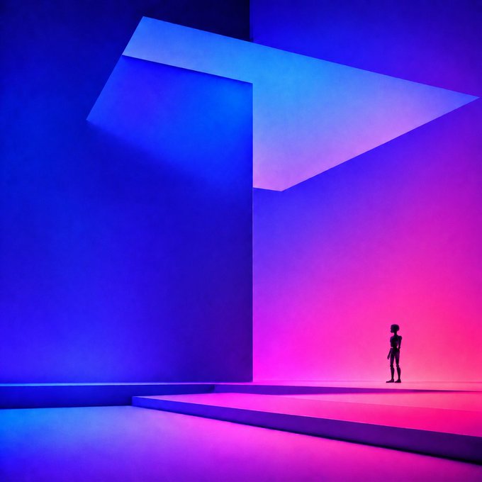 A lone silhouetted figure stands on an angular platform within a vast, minimalist space bathed in dramatic blue and pink-purple gradient lighting, gazing toward an open geometric portal above. The scene visually echoes the post's narrative of decisive action—evoking a solitary operator who has locked onto a target, charted the course, and initiated their mission.