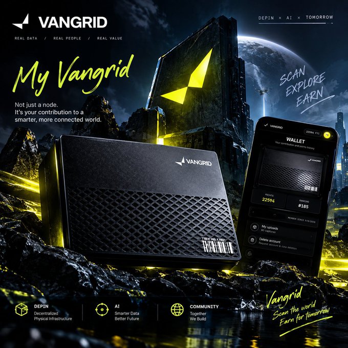 A promotional advertisement for VANGRID showing a black physical hardware device and a smartphone app interface, with text including 'My Vangrid', 'Not just a node. It's your contribution to a smarter, more connected world', and 'SCAN EXPLORE EARN'.