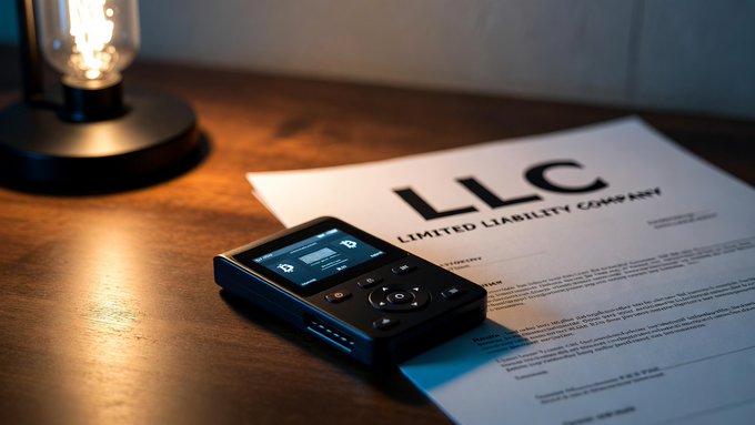 A portable audio recorder sits on a wooden desk next to a document labeled 'LLC LIMITED LIABILITY COMPANY' under warm lamp lighting.