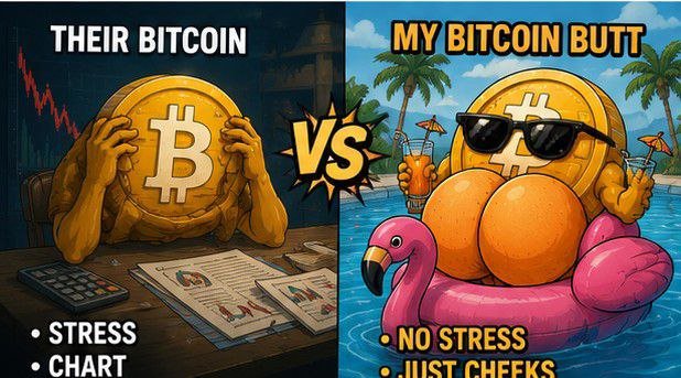 A humorous meme contrasts 'THEIR BITCOIN' (stressed, looking at falling charts) versus 'MY BITCOIN BUTT' (relaxing on a flamingo float with sunglasses, labeled 'NO STRESS, JUST CHEEKS').