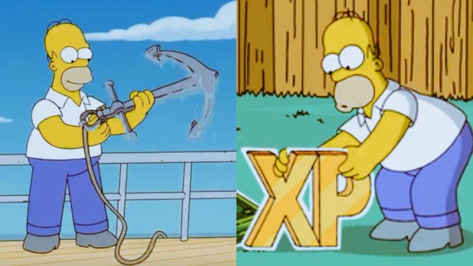The image features two different versions of Homer Simpson, one holding an anchor and another holding a large XP sign. Both characters are wearing white shirts and blue jeans. The first version of Homer Simpson has his arms around the anchor, while the second version holds the XP sign in front of him. The post suggests that there is an account named "Anchor that XP" with a cold owner, which means that someone else is managing this account for them.