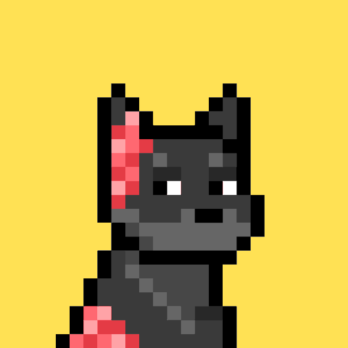 A pixel art illustration of a gray and black dog with pink ears, representing Doginal Dog #8352.