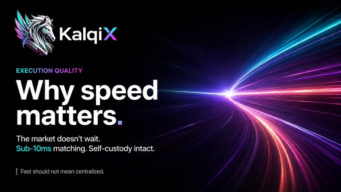 An advertisement for KalqiX, a decentralized exchange, highlighting 'Execution Quality: Why speed matters' with 'Sub-10ms matching' and 'Self-custody intact.' The tagline reads, 'Fast should not mean centralized.'