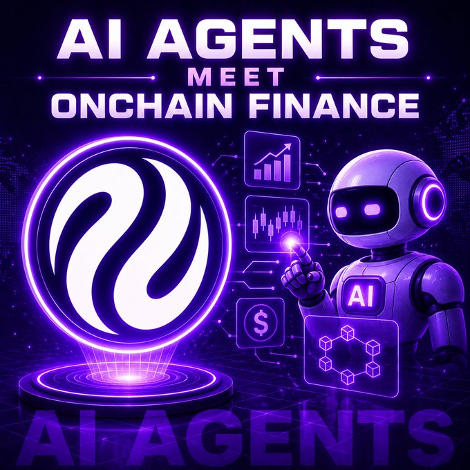 A vibrant purple promotional graphic reads 'AI AGENTS MEET ONCHAIN FINANCE,' featuring a purple robot pointing at a glowing logo alongside icons of financial charts and cubes.