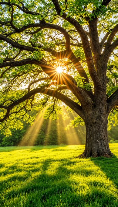 A majestic large tree stands in a lush green field with sunlight streaming through its leaves, creating a beautiful starburst effect in the branches.