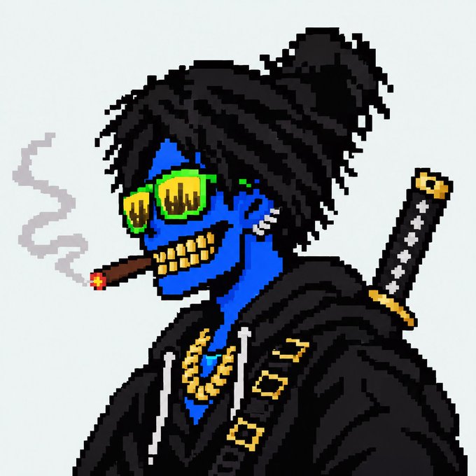 A pixel art illustration depicts a character with blue skin, yellow-green sunglasses showing cityscape reflections, dreadlocks tied in a top knot, smoking a cigar, wearing a gold chain and black jacket, with a katana sword strapped to their back.